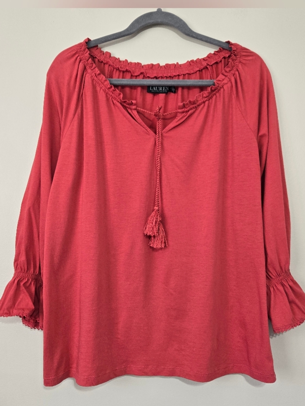 Lauren Ralph Lauren Women’s Peasant Top Coral Pink Tassel Tie Neck Blouse Size M